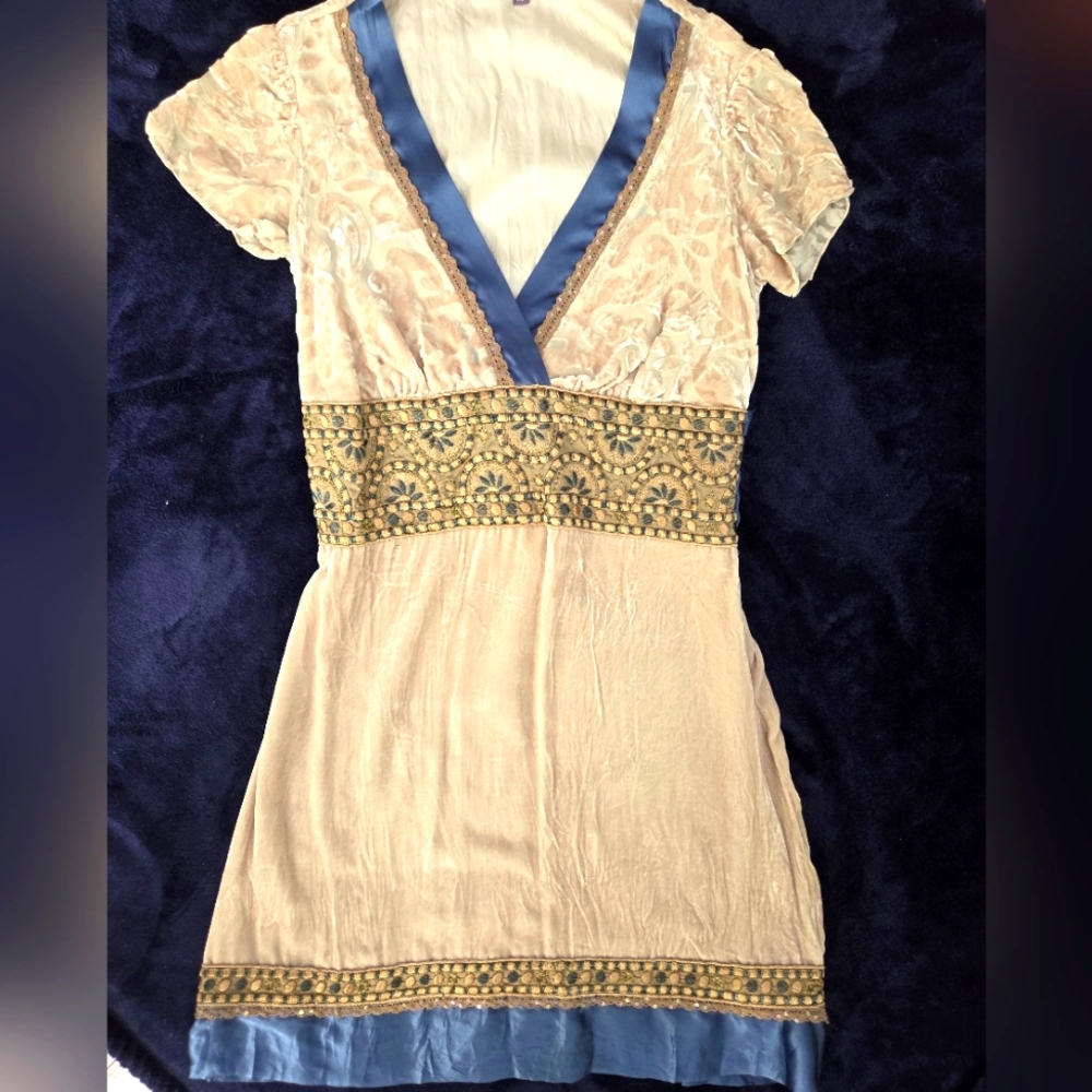 HALE BOB Blue and Cream Embellished Cap Sleeve Dress, SIZE XS - Picture 2 of 10